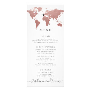 Rose Gold Pink World Map Removable Heart Menu Card