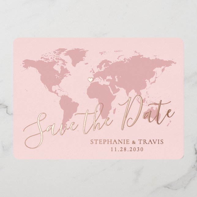 Rose Gold Pink World Map Save the Date (Front)