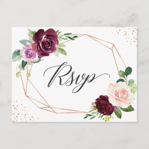 Rose Gold Plum Purple Blush Floral Wedding RSVP Invitation Postcard