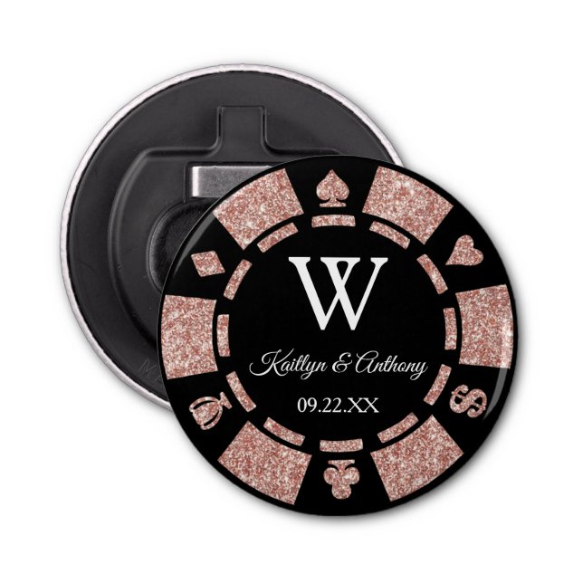Rose Gold Poker Chip Casino Wedding Party Favour Bottle Opener (Front)