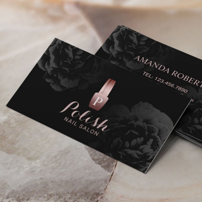 Rose Gold Polish Nail Salon Elegant Black Floral Business Card (Creator Uploaded)