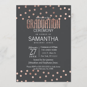 Rose Gold Polka Dots and Charcoal Black Graduation Invitation