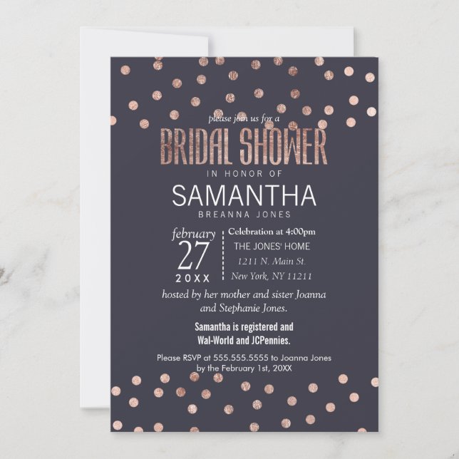 Rose Gold Polka Dots and Navy Blue Bridal Shower Invitation (Front)
