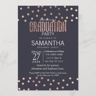 Rose Gold Polka Dots and Navy Blue Graduation Invitation
