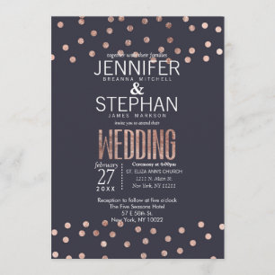 Rose Gold Polka Dots and Navy Blue Wedding Invites