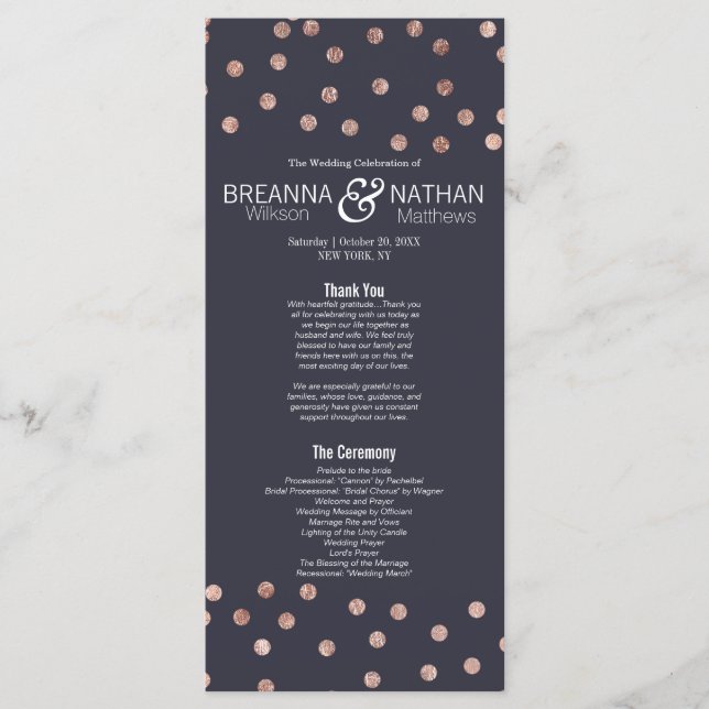 Rose Gold Polka Dots and Navy Blue Wedding Program Programme (Front)
