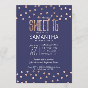 Rose Gold Polka Dots Light Navy Blue Sweet 16 Invitation
