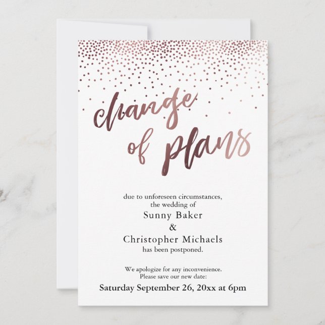 Rose Gold Postponed Wedding "Change of Plans" Card (Front)