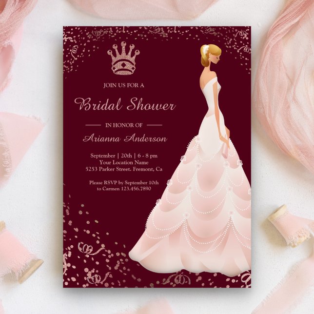 Rose Gold Princess Dress Burgundy Bridal Shower Invitation (Creator Uploaded)