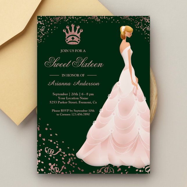 Rose Gold Princess Dress Green Sweet Sixteen Invitation (Creator Uploaded)