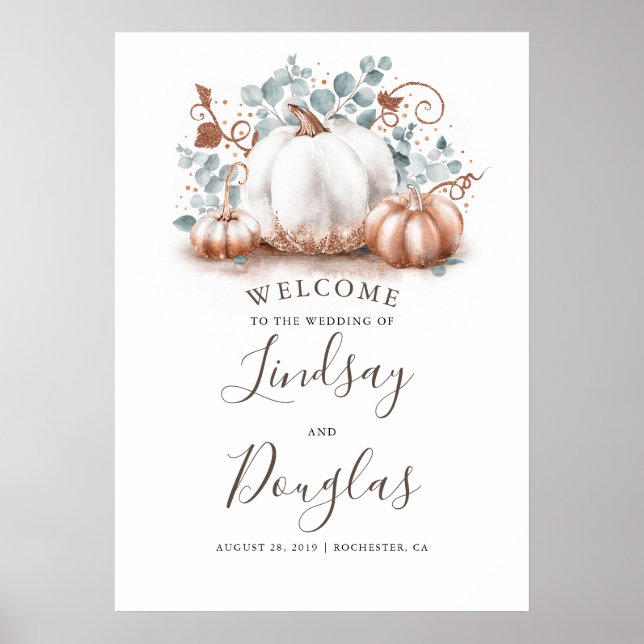 Rose Gold Pumpkins Fall Wedding Welcome Sign (Front)