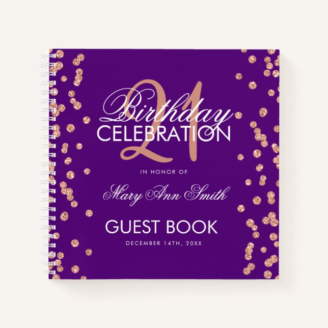Rose Gold Purple 21st Birthday Guestbook Confetti Notebook (Front)