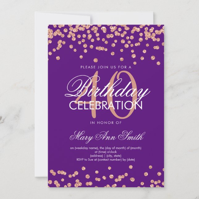 Rose Gold Purple 40th Birthday Glitter Confetti Invitation (Front)