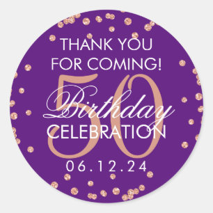 Rose Gold Purple 50th Birthday Thank You Confetti Classic Round Sticker
