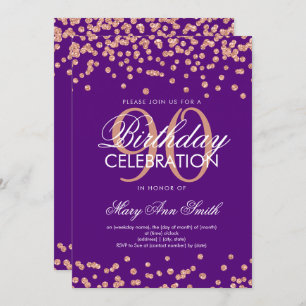 Rose Gold Purple 90th Birthday Glitter Confetti Invitation