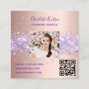 Rose gold purple cleaning service photo qr code square business card