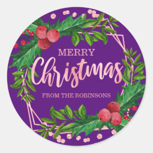 Rose Gold Purple Family Christmas Holly Glitter Classic Round Sticker