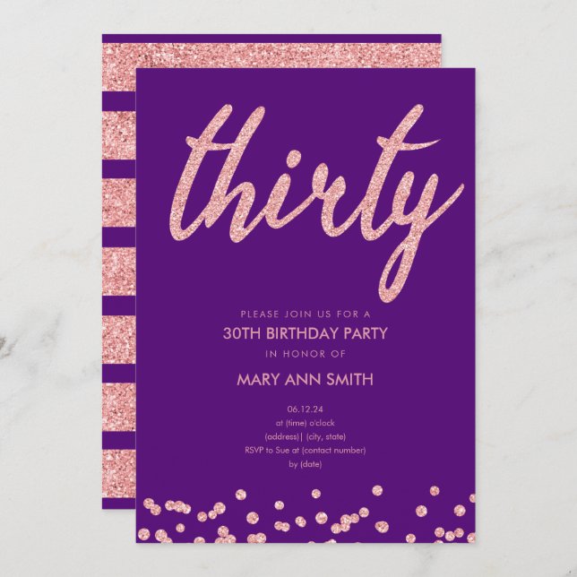 Rose Gold Purple Glitter 30th Birthday Party Invitation (Front/Back)