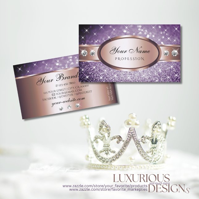 Rose Gold Purple Glitter Stars Diamonds Striking Business Card (Creator Uploaded)