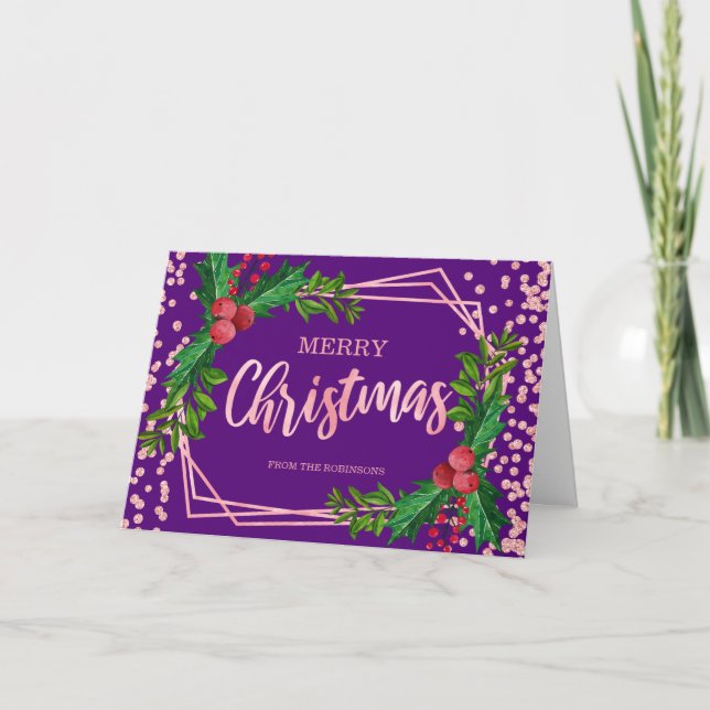Rose Gold Purple Holly Glitter Confetti Christmas  Card (Front)