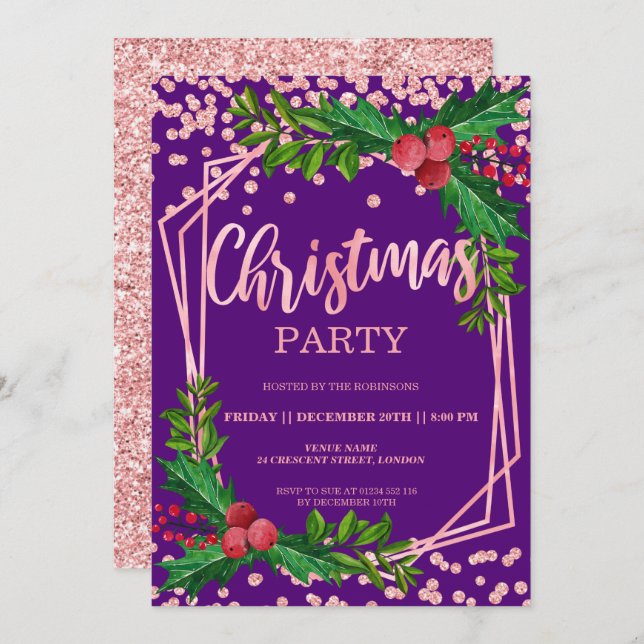 Rose Gold Purple Holly Glitter Confetti Christmas Invitation (Front/Back)