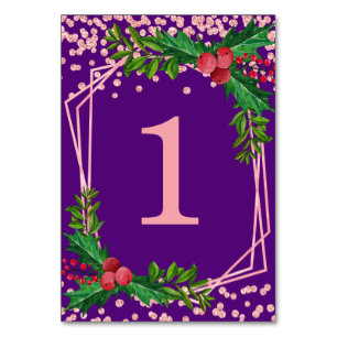 Rose Gold Purple Holly Glitter Confetti Christmas Table Number