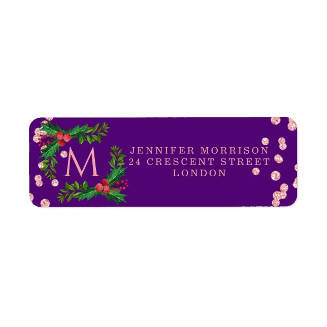 Rose Gold Purple Monogram Christmas Holly Glitter (Front)