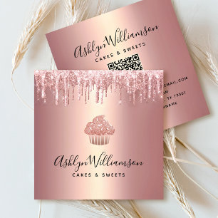 Rose Gold QR Code Cupcake Glitter Drips Bakery Square Business Card