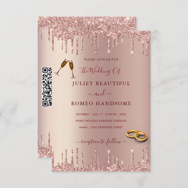 Rose Gold QR Code Wedding Invitation Template (Front/Back)