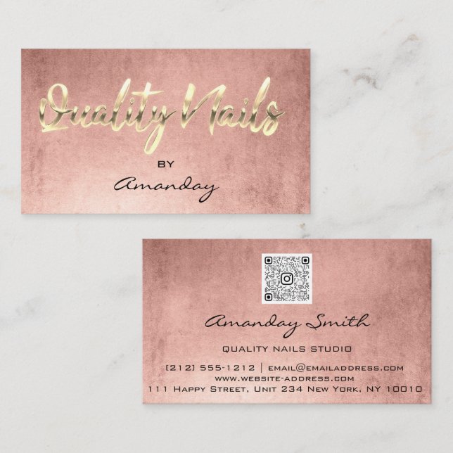 Rose Gold Quality Nail Script QR Code Logo  Business Card (Front/Back)