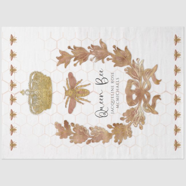 Rose Gold Queen Bee Crown Baby Name Decoupage Art Tissue Paper (Front)
