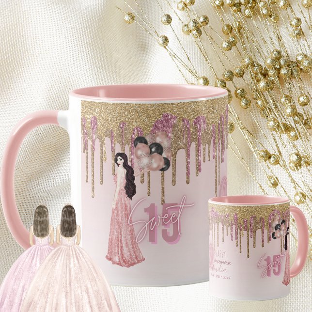 Rose Gold Quinceanera Custom Gift Black Hair 15th Mug (Creator Uploaded)