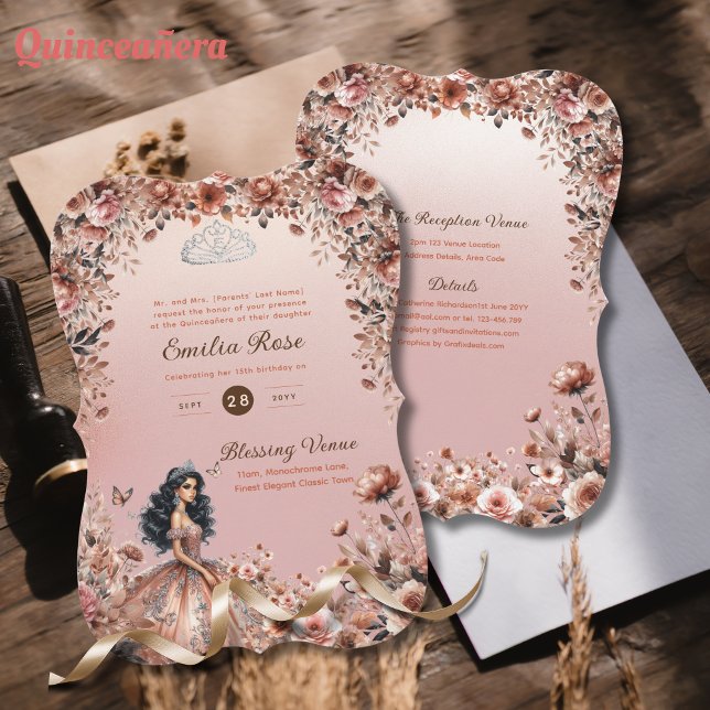 Rose Gold Quinceanera Dress Floral Roses Invitation (Creator Uploaded)