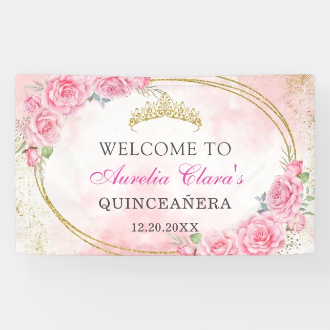 Rose Gold Quinceanera Miss Quince 15 Anos Birthday Banner (Horizontal)