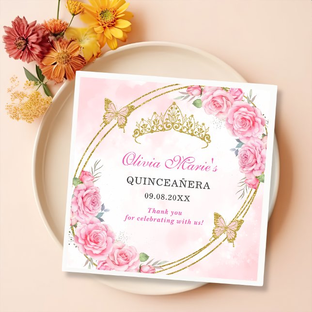 Rose Gold Quinceanera Miss Quince 15 Anos Birthday Napkin (Creator Uploaded)