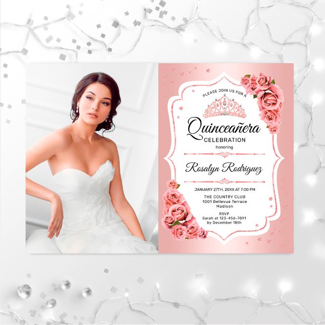 Rose Gold Quinceanera Party With Photo Invitation (Creator Uploaded)