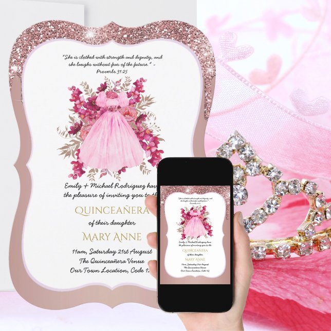Rose Gold Quinceañera Pink Floral Elegant  Invitation (Creator Uploaded)