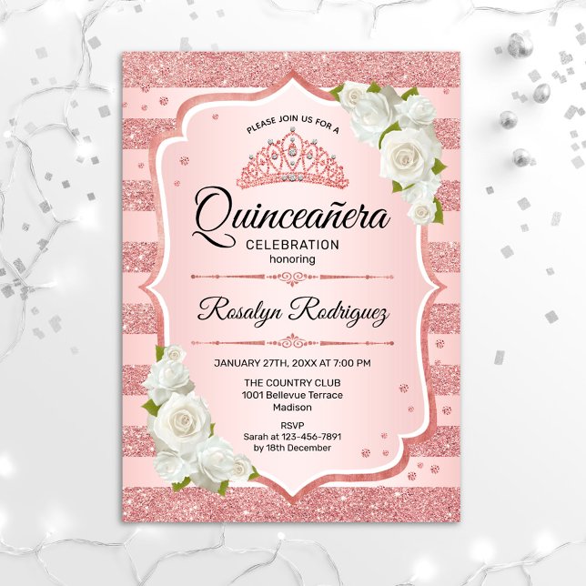 Rose Gold Quinceanera - White Roses Invitation (Creator Uploaded)