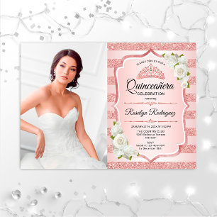 Rose Gold Quinceanera With Photo - White Roses Invitation
