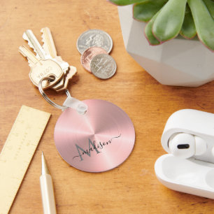 Rose Gold Radial Metallic Script Name Key Ring