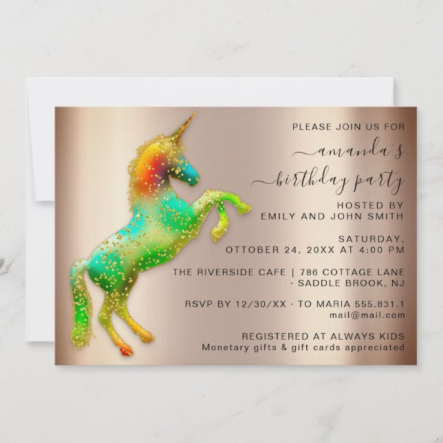 Rose Gold Rainbow Unicorn Horse Birthday Party  Invitation (Front)