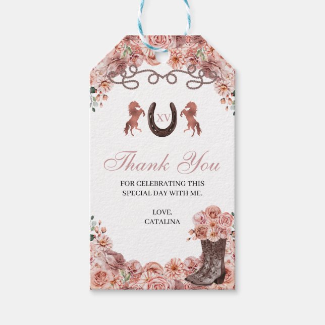 Rose Gold Ranchero Quinceanera Gift Tags (Front)