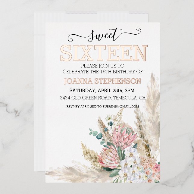 Rose Gold Real Foil Sweet 16 Sixteen Boho Floral  (Envelope)