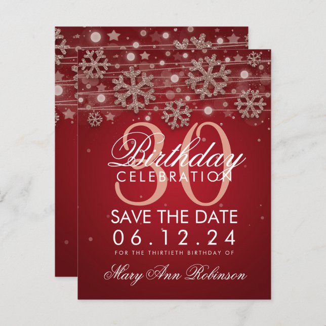 Rose Gold Red 30th Birthday Save Date Winter Invitation (Front/Back)