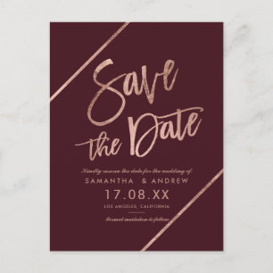 Rose gold red burgundy  script  save the date announcement postcard