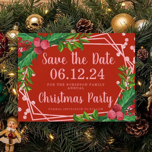 Rose Gold Red Christmas Save Date Holly Glitter Announcement Postcard (Rose Gold Red Christmas Save Date Holly Glitter Announcement Postcard)