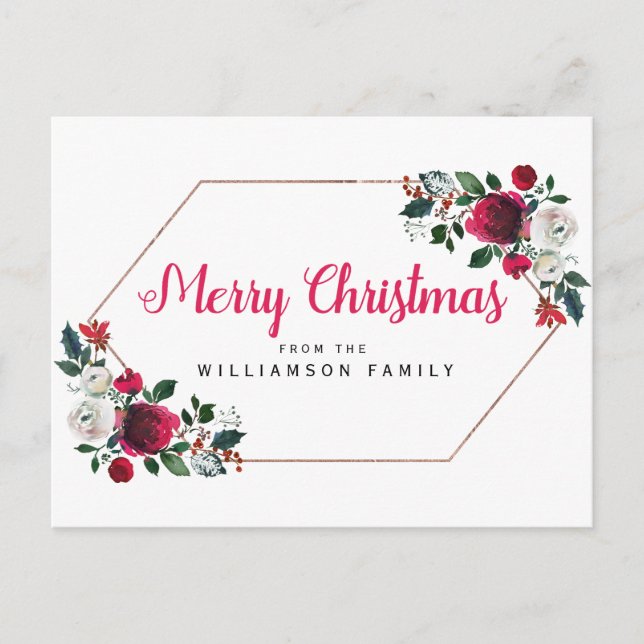 Rose Gold Red Floral Personalised Merry Christmas Holiday Postcard (Front)