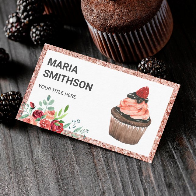 Rose Gold Red Floral Strawberry Cupcake Bakery Business Card (Creator Uploaded)