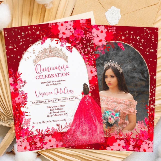 Rose gold red floral tiara princess Quinceanera Invitation (Creator Uploaded)