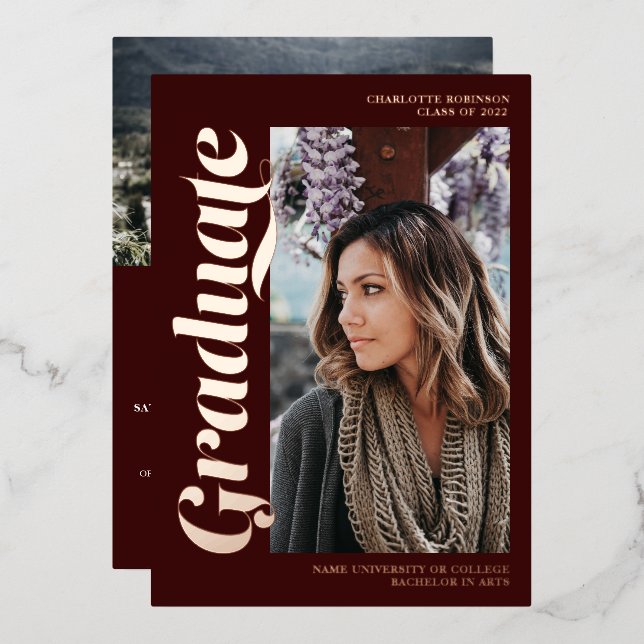 Rose gold red graduate script 3 photos graduation (Front/Back)